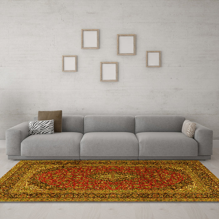 Machine Washable Medallion Yellow Traditional Rug in a Living Room, wshtr2411yw