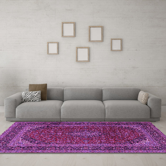 Machine Washable Medallion Purple Traditional Area Rugs in a Living Room, wshtr2411pur