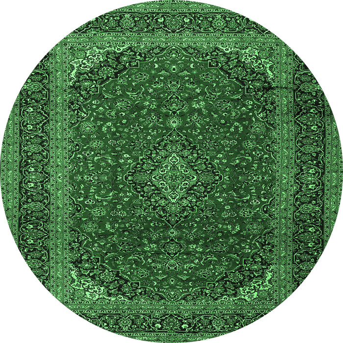 Round Machine Washable Medallion Emerald Green Traditional Area Rugs, wshtr2411emgrn