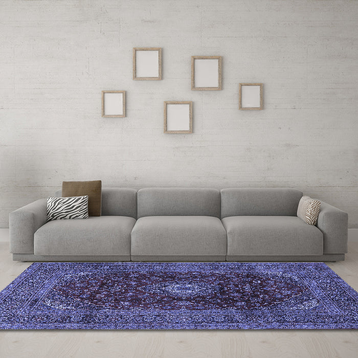 Machine Washable Medallion Blue Traditional Rug in a Living Room, wshtr2416blu