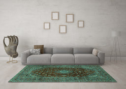 Machine Washable Medallion Turquoise Traditional Area Rugs in a Living Room,, wshtr2416turq
