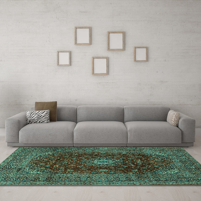 Machine Washable Medallion Turquoise Traditional Area Rugs in a Living Room,, wshtr2416turq