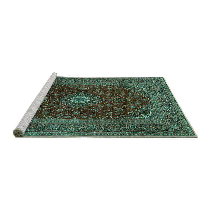 Sideview of Machine Washable Medallion Turquoise Traditional Area Rugs, wshtr2416turq