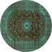 Round Machine Washable Medallion Turquoise Traditional Area Rugs, wshtr2416turq