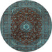 Round Machine Washable Medallion Light Blue Traditional Rug, wshtr2416lblu