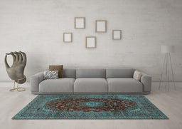 Machine Washable Medallion Light Blue Traditional Rug in a Living Room, wshtr2416lblu
