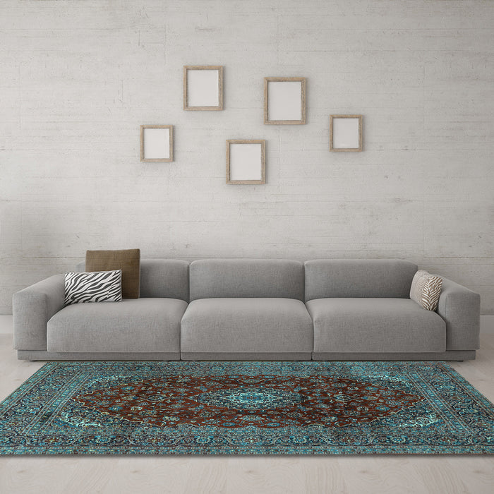 Machine Washable Medallion Light Blue Traditional Rug in a Living Room, wshtr2416lblu