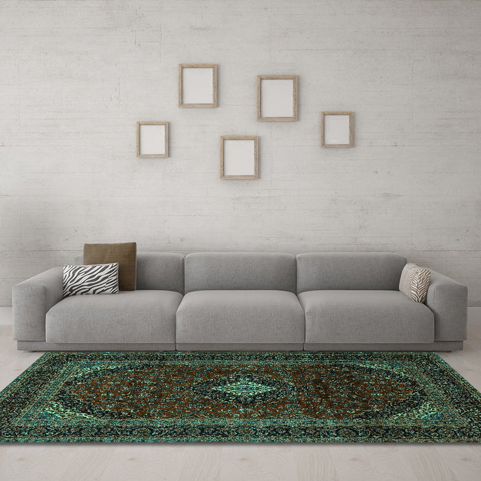 Machine Washable Persian Turquoise Traditional Area Rugs in a Living Room,, wshtr2417turq