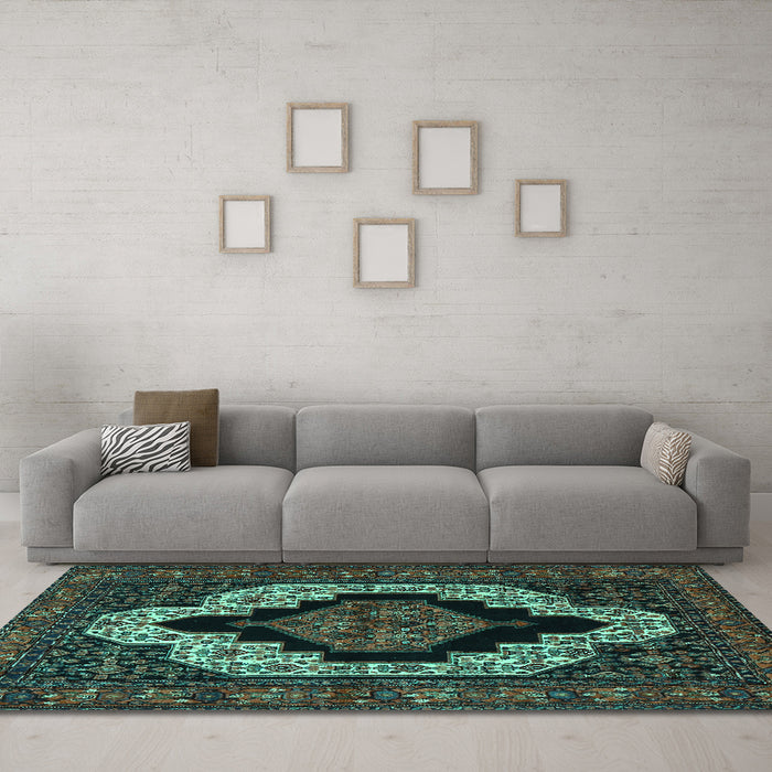 Machine Washable Persian Turquoise Traditional Area Rugs in a Living Room,, wshtr2419turq