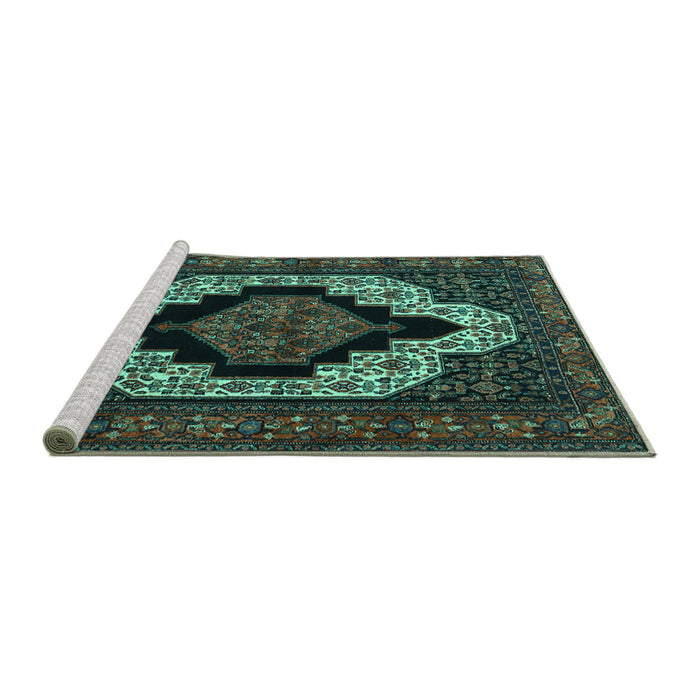 Sideview of Machine Washable Persian Turquoise Traditional Area Rugs, wshtr2419turq