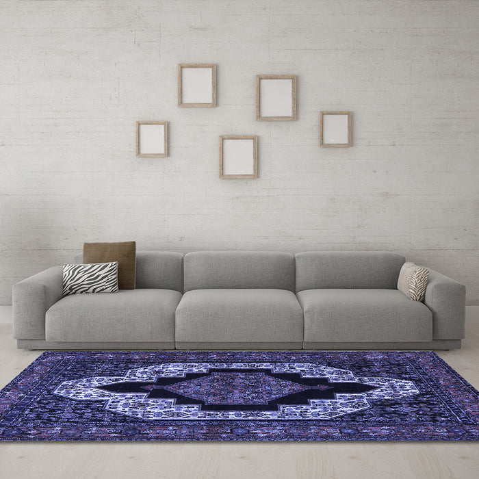 Machine Washable Persian Blue Traditional Rug in a Living Room, wshtr2419blu