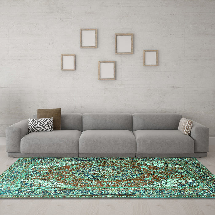 Machine Washable Persian Turquoise Traditional Area Rugs in a Living Room,, wshtr241turq