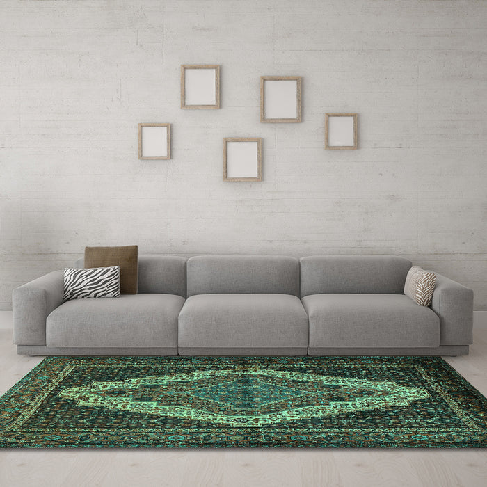 Machine Washable Persian Turquoise Traditional Area Rugs in a Living Room,, wshtr2420turq