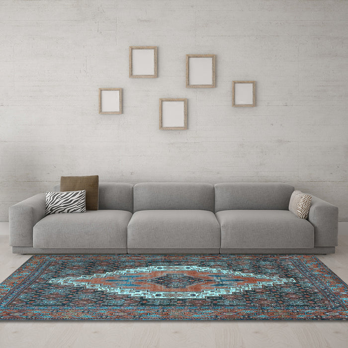 Machine Washable Medallion Light Blue Traditional Rug in a Living Room, wshtr2421lblu