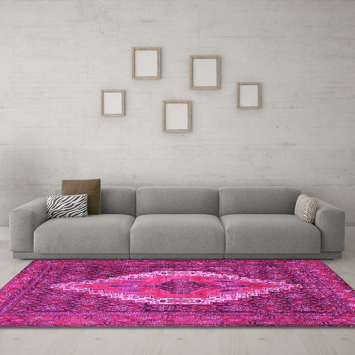 Machine Washable Medallion Pink Traditional Rug in a Living Room, wshtr2421pnk