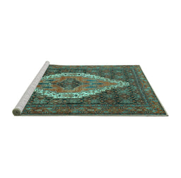 Sideview of Machine Washable Medallion Turquoise Traditional Area Rugs, wshtr2421turq