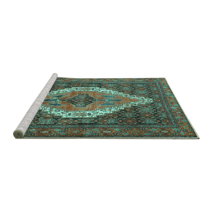 Sideview of Machine Washable Medallion Turquoise Traditional Area Rugs, wshtr2421turq