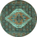 Round Machine Washable Medallion Turquoise Traditional Area Rugs, wshtr2421turq