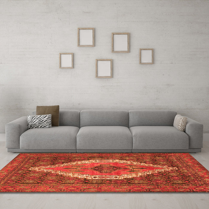 Machine Washable Medallion Orange Traditional Area Rugs in a Living Room, wshtr2421org