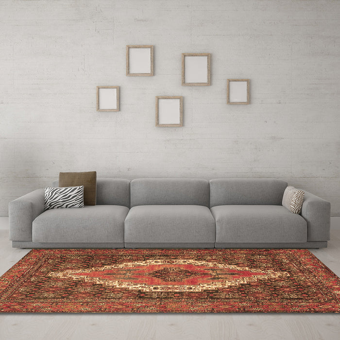 Machine Washable Medallion Brown Traditional Rug in a Living Room,, wshtr2421brn