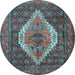 Round Machine Washable Medallion Light Blue Traditional Rug, wshtr2421lblu