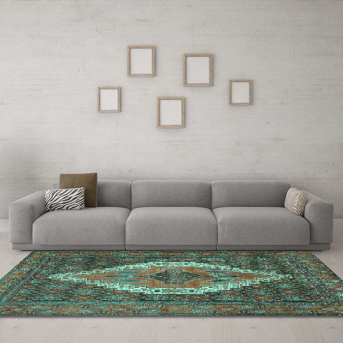 Machine Washable Medallion Turquoise Traditional Area Rugs in a Living Room,, wshtr2421turq