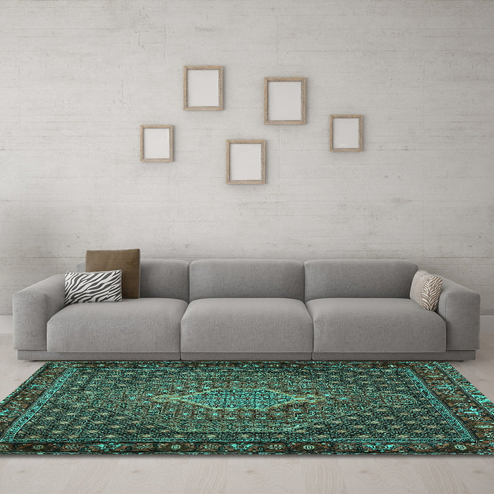 Machine Washable Persian Turquoise Traditional Area Rugs in a Living Room,, wshtr2422turq