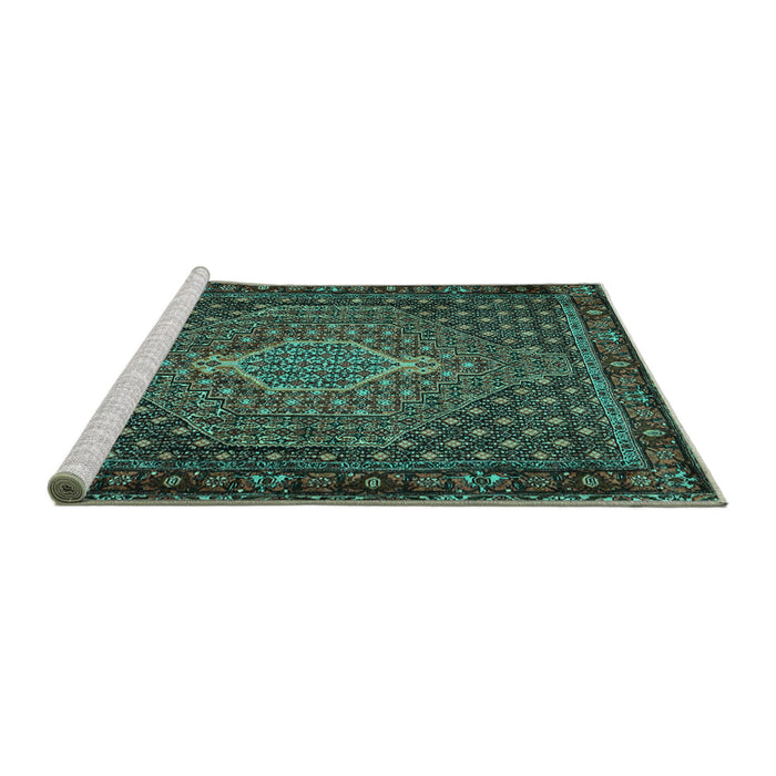 Sideview of Machine Washable Persian Turquoise Traditional Area Rugs, wshtr2422turq