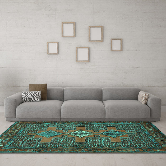 Machine Washable Persian Turquoise Traditional Area Rugs in a Living Room,, wshtr2423turq