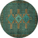 Round Machine Washable Persian Turquoise Traditional Area Rugs, wshtr2423turq