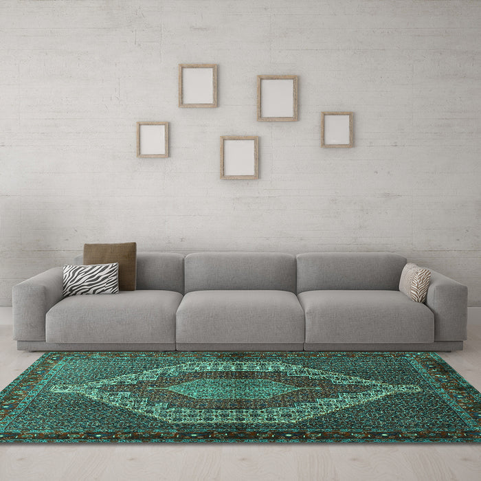 Machine Washable Persian Turquoise Traditional Area Rugs in a Living Room,, wshtr2424turq