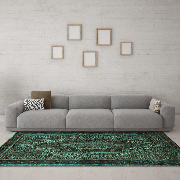 Machine Washable Persian Turquoise Traditional Area Rugs in a Living Room,, wshtr2425turq