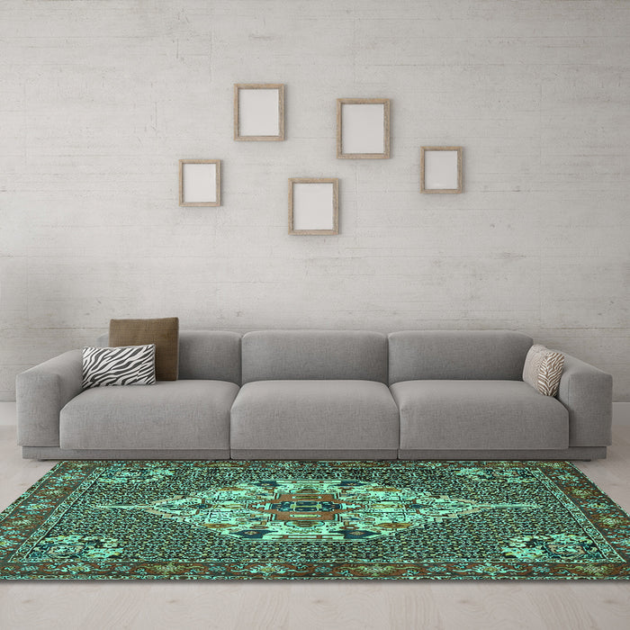 Machine Washable Persian Turquoise Traditional Area Rugs in a Living Room,, wshtr2429turq