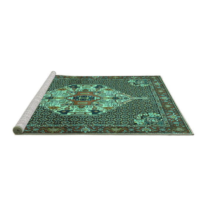 Sideview of Machine Washable Persian Turquoise Traditional Area Rugs, wshtr2429turq