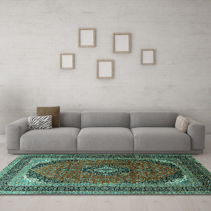Machine Washable Medallion Turquoise Traditional Area Rugs in a Living Room,, wshtr242turq