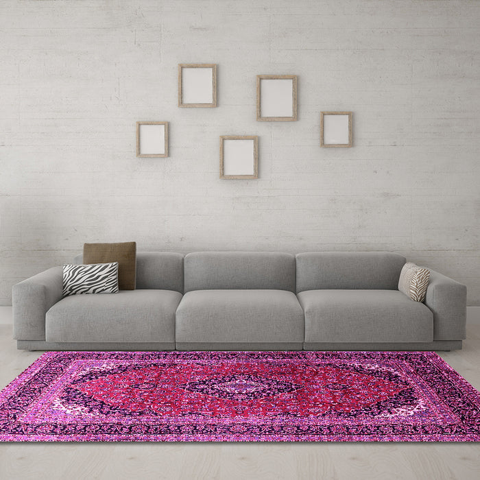 Machine Washable Medallion Pink Traditional Rug in a Living Room, wshtr242pnk