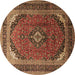 Round Machine Washable Medallion Brown Traditional Rug, wshtr242brn