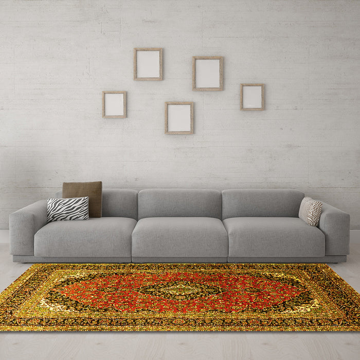 Machine Washable Medallion Yellow Traditional Rug in a Living Room, wshtr242yw