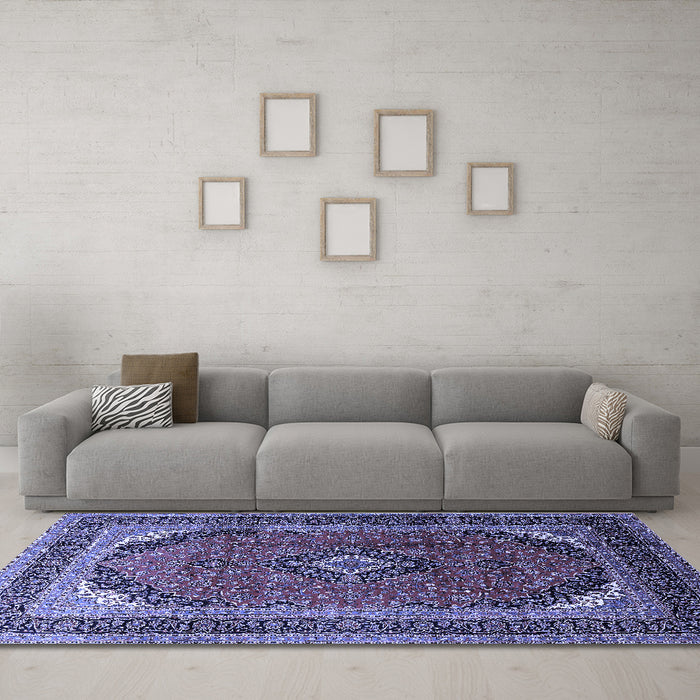 Machine Washable Medallion Blue Traditional Rug in a Living Room, wshtr242blu