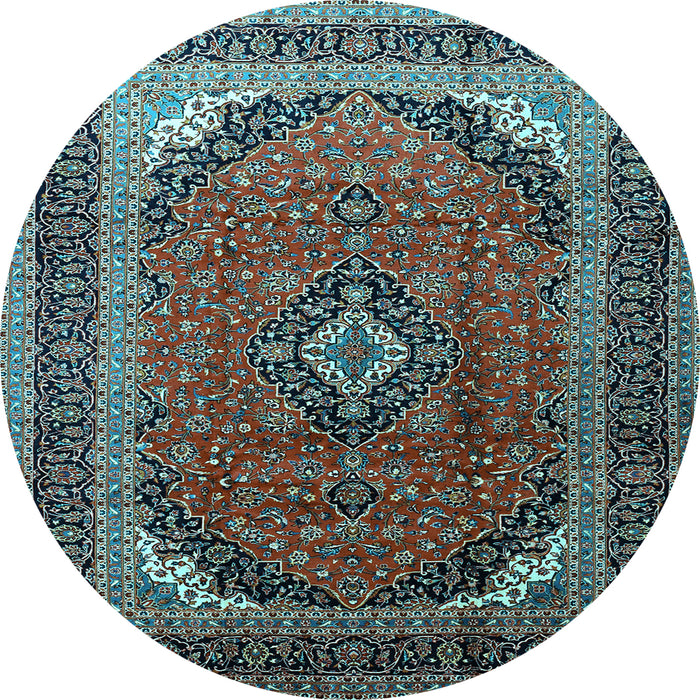 Round Machine Washable Medallion Light Blue Traditional Rug, wshtr242lblu