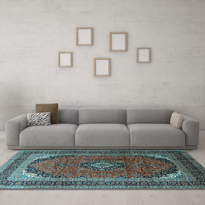 Machine Washable Medallion Light Blue Traditional Rug in a Living Room, wshtr242lblu