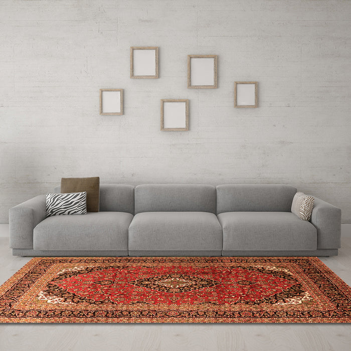 Machine Washable Medallion Orange Traditional Area Rugs in a Living Room, wshtr242org
