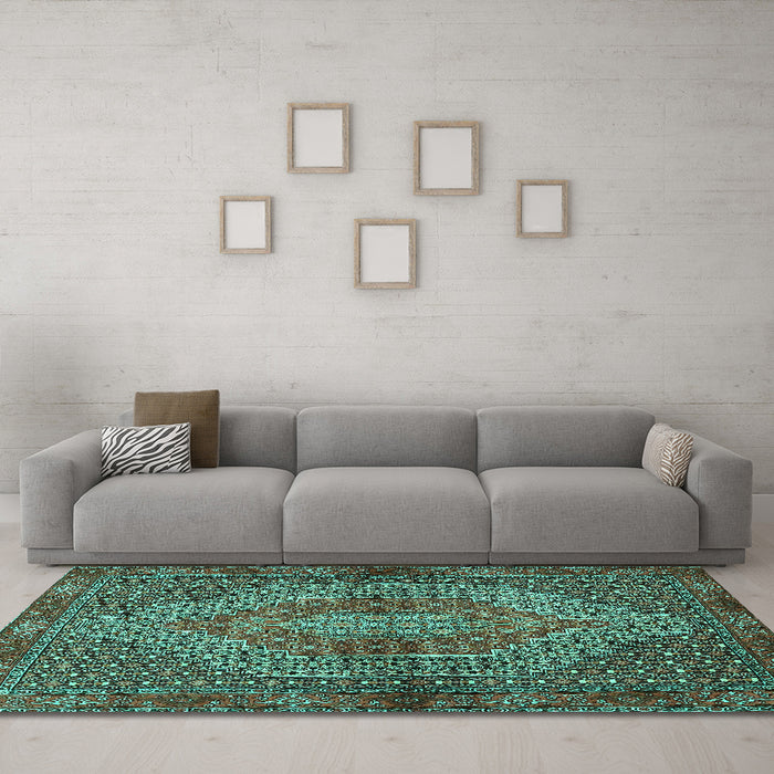 Machine Washable Persian Turquoise Traditional Area Rugs in a Living Room,, wshtr2431turq
