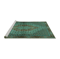 Sideview of Machine Washable Persian Turquoise Traditional Area Rugs, wshtr2431turq