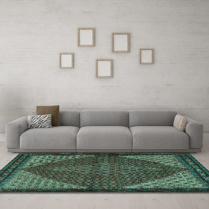 Machine Washable Persian Turquoise Traditional Area Rugs in a Living Room,, wshtr2432turq