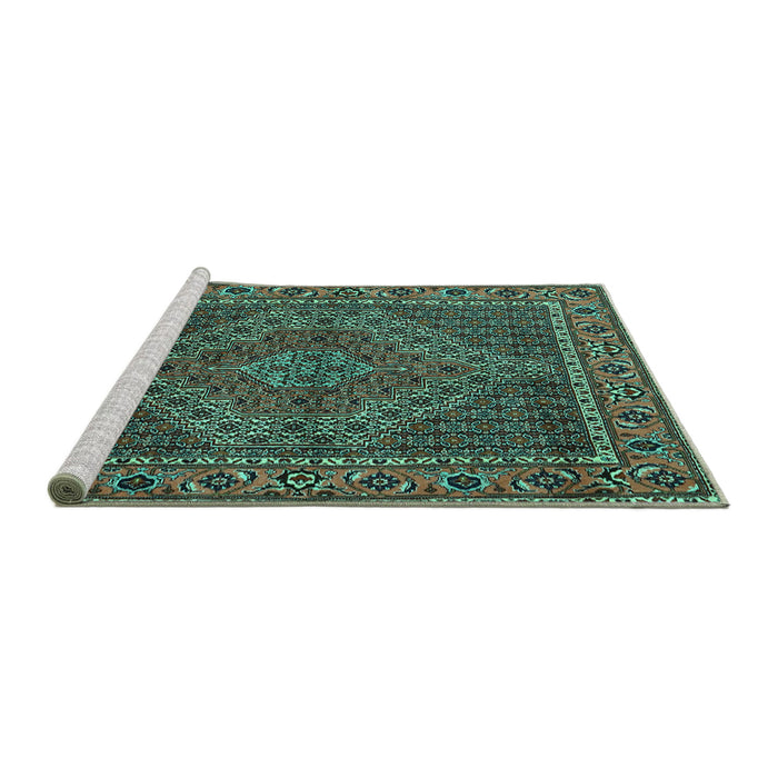 Sideview of Machine Washable Persian Turquoise Traditional Area Rugs, wshtr2433turq
