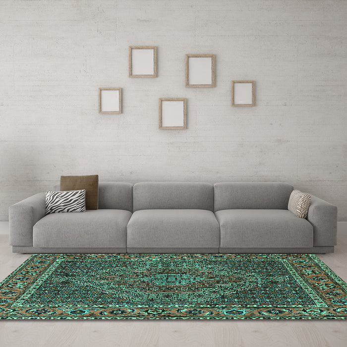 Machine Washable Persian Turquoise Traditional Area Rugs in a Living Room,, wshtr2433turq