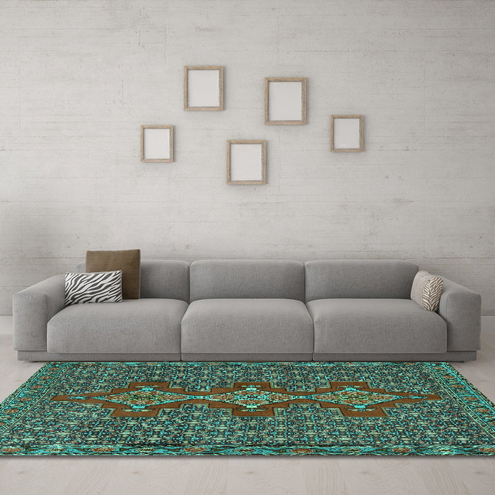 Machine Washable Persian Turquoise Traditional Area Rugs in a Living Room,, wshtr2434turq