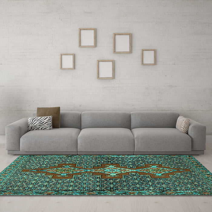 Machine Washable Persian Turquoise Traditional Area Rugs in a Living Room,, wshtr2435turq