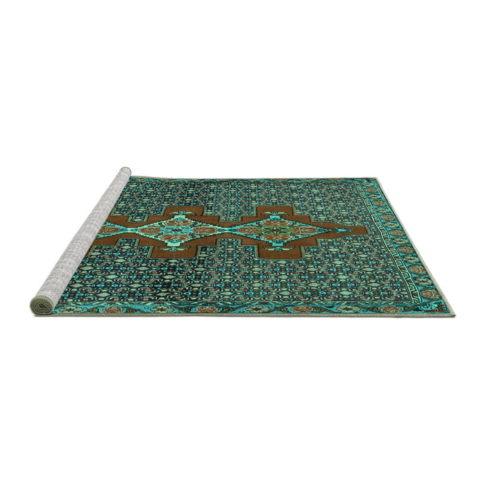 Sideview of Machine Washable Persian Turquoise Traditional Area Rugs, wshtr2435turq